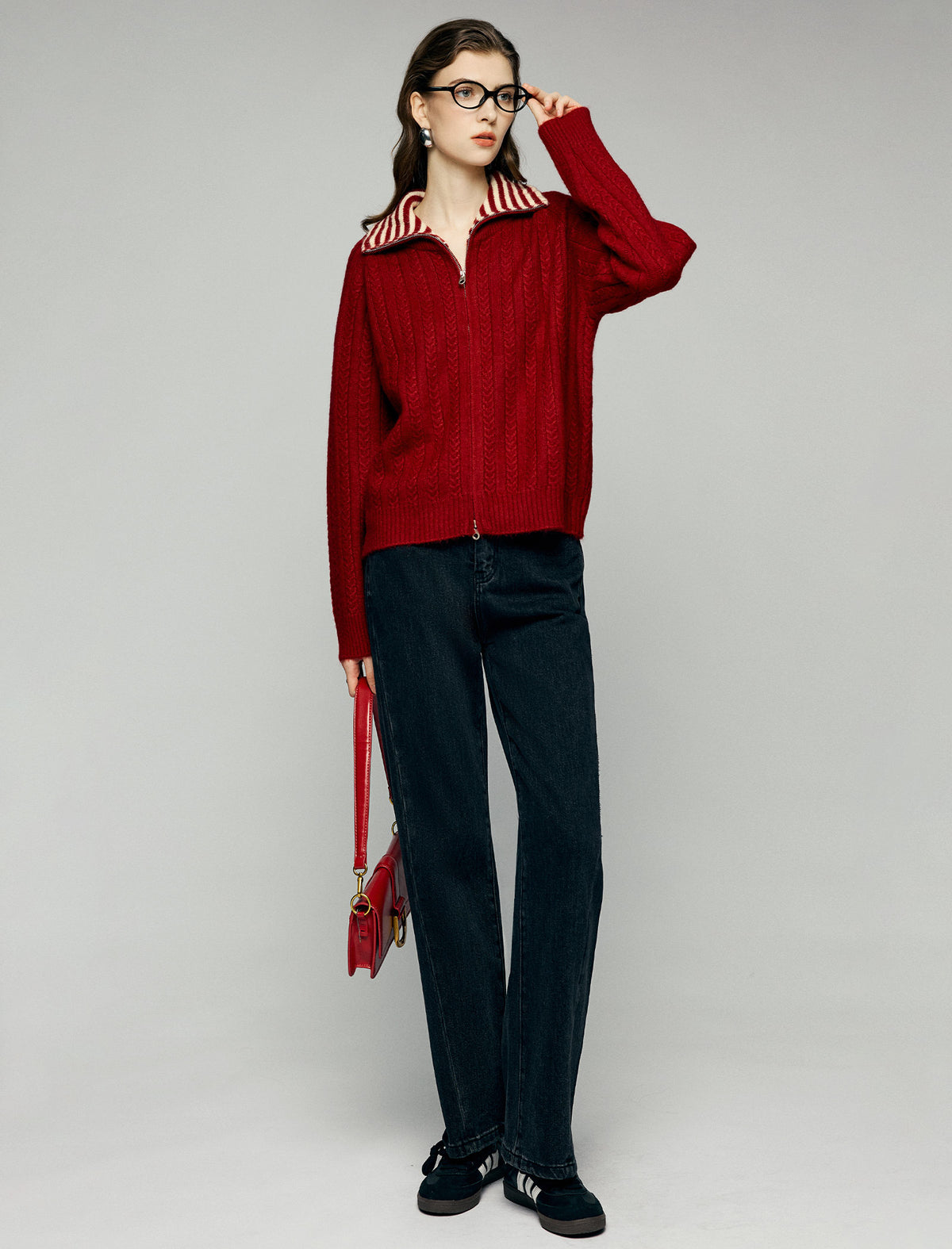 Striped-Collar Cable-Knit Long Sleeve Zip-Front Cardigan