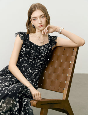 Chiffon Black Floral Ruffle Maxi Dress