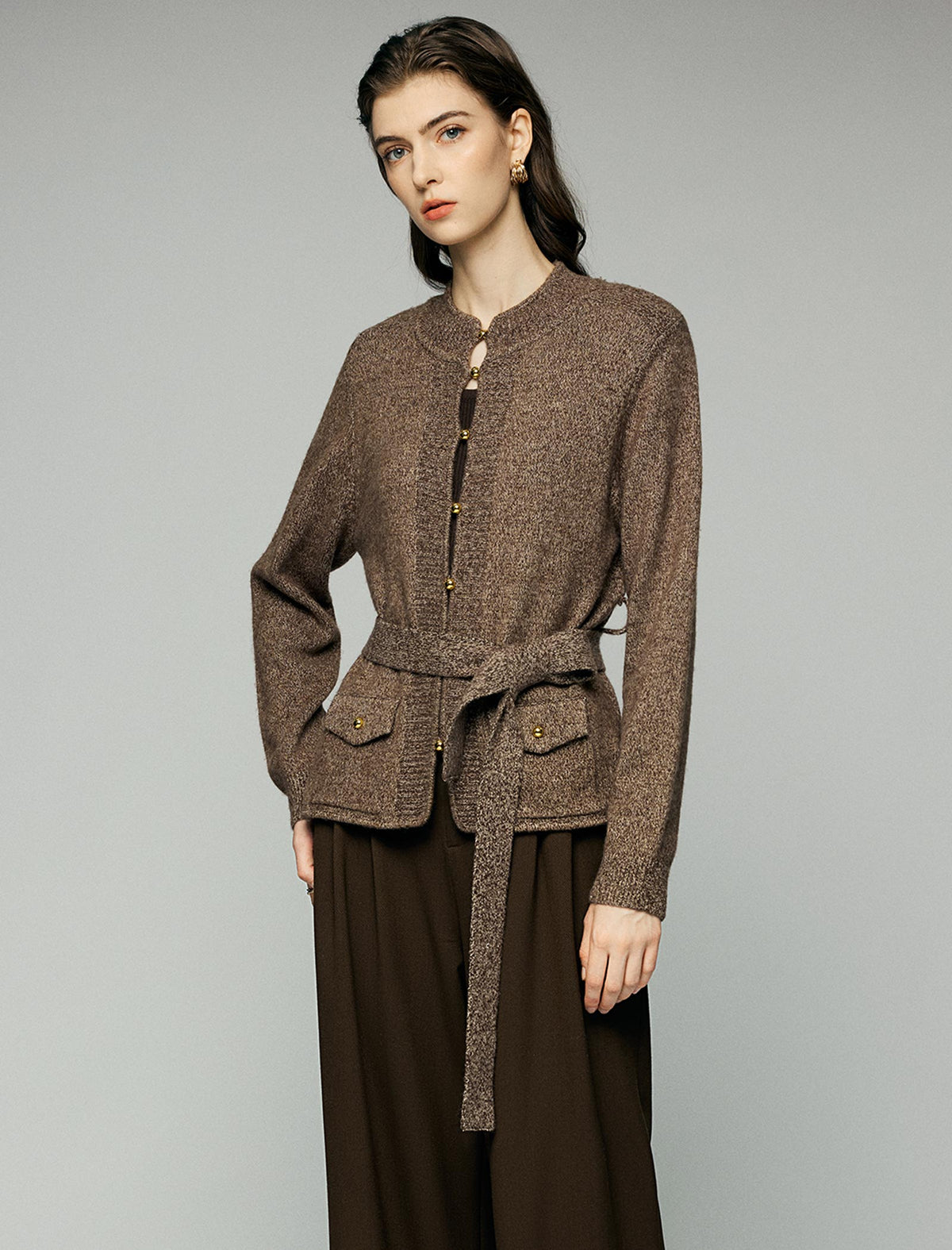 Wool Blend Gold-Button Tie-Waist Cardigan