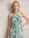 Green Tropical Leaf Print Halter Maxi Dress