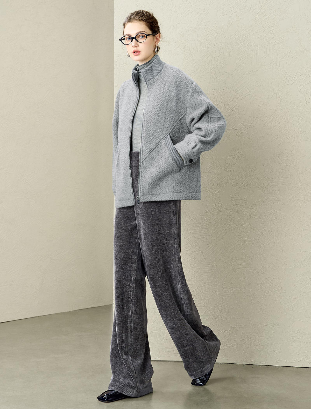Teddy Fleece Wool-Blend High-Neck Zip Jacket