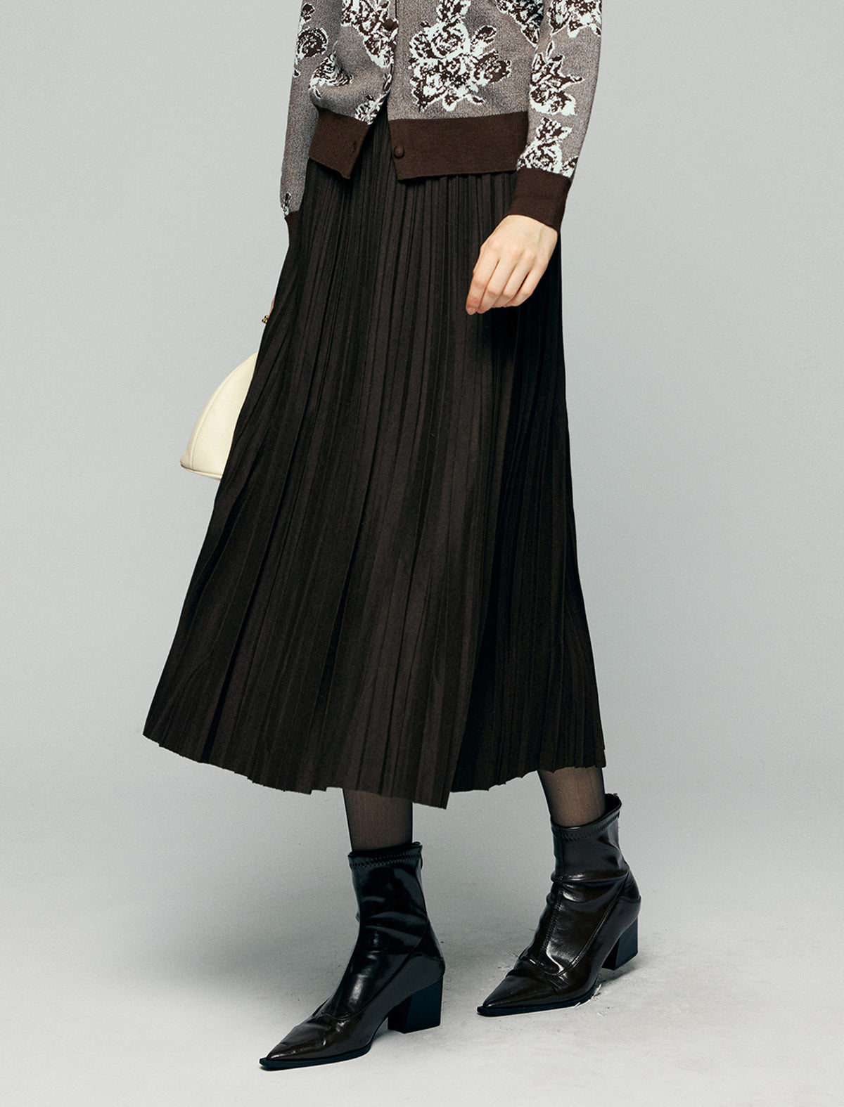 Wool Blend High-Waist Pleated A-Line Midi Skirt
