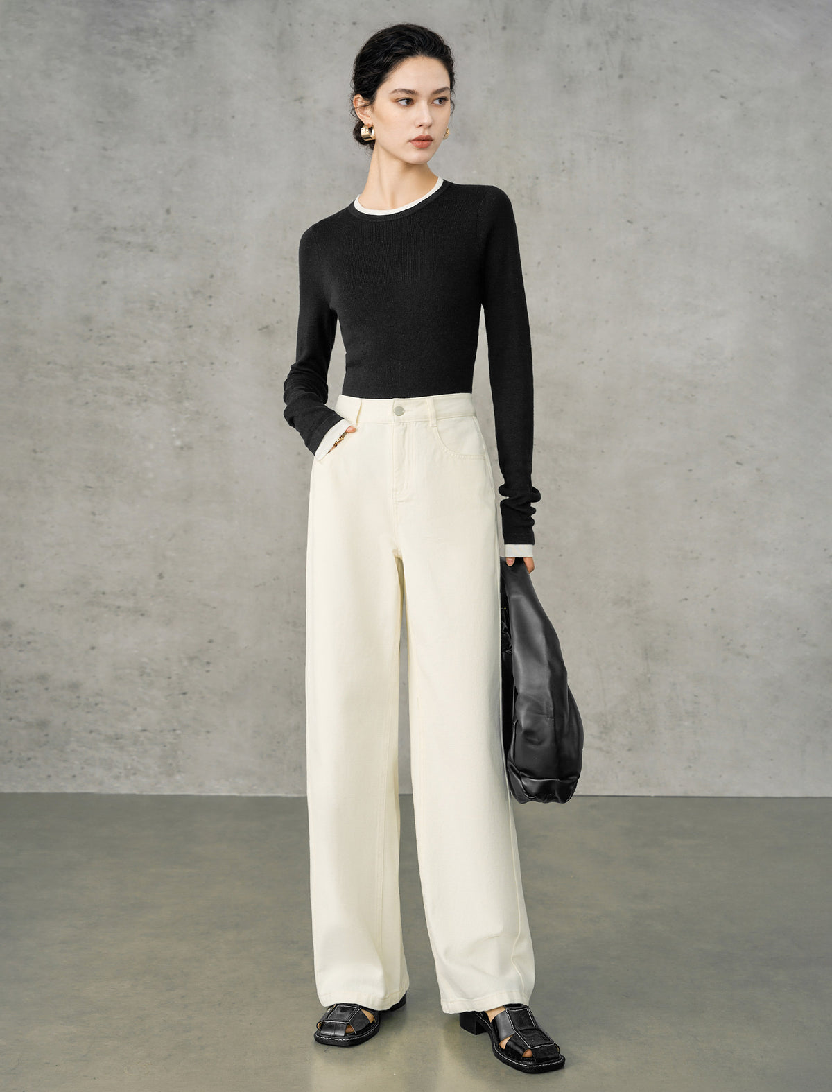 Wool Blend Contrast Trim Crewneck Fitted Long Sleeve Top