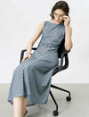 Blue Geometric Print Ruched Waist Midi Dress