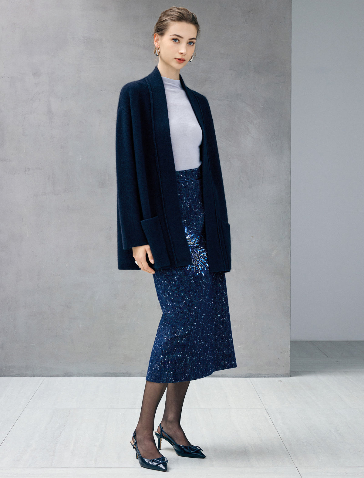 Wool Blend Shawl-Collar Open-Front Pocket Cardigan
