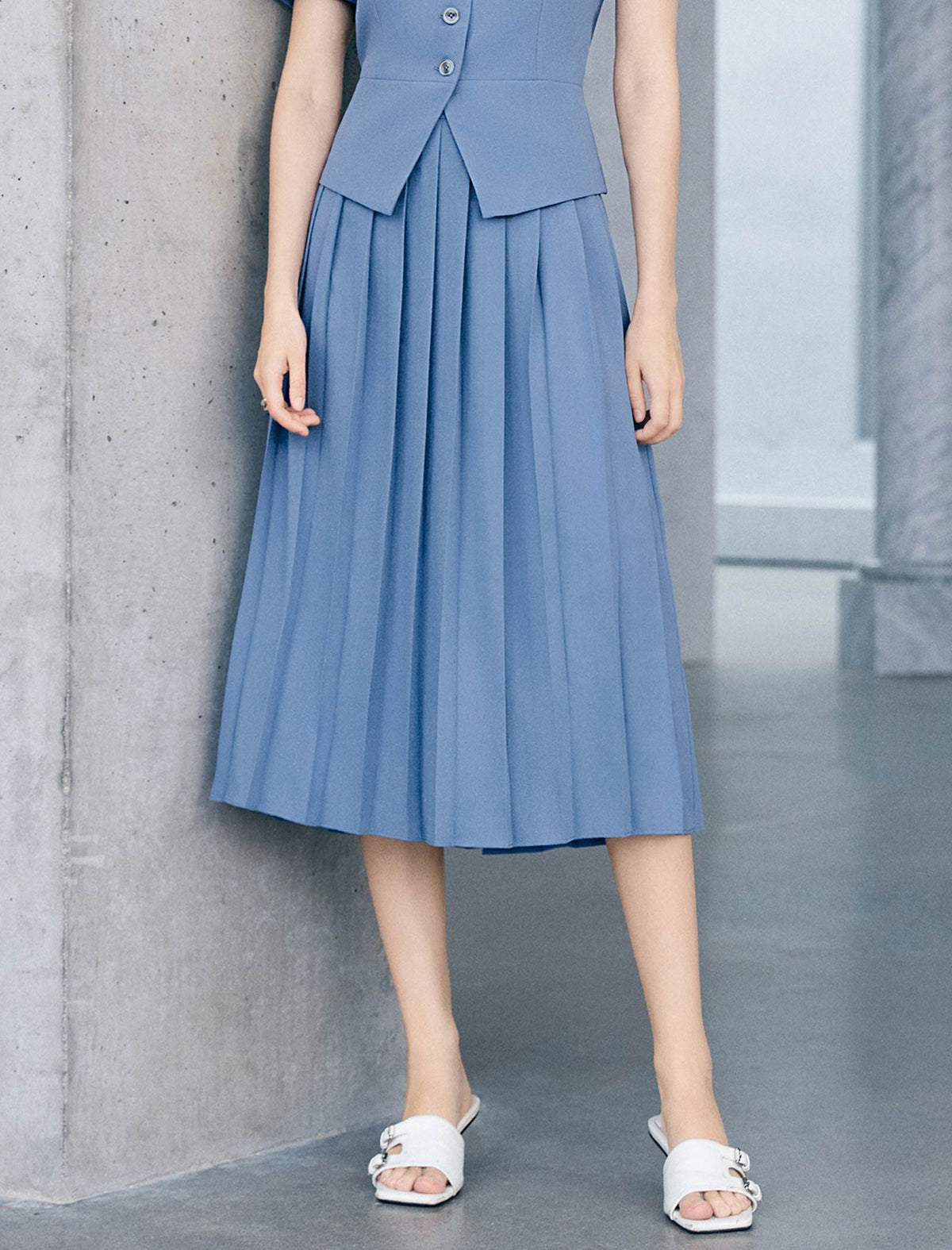 Dusty Blue Solid Permanent Pleat Midi A-Line Skirt