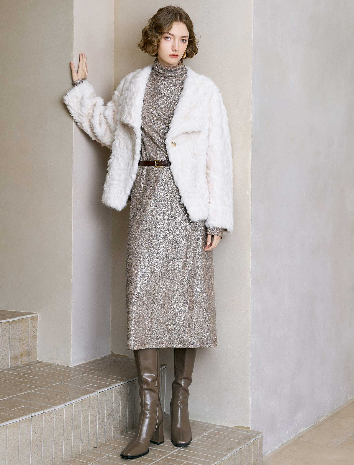 Single-Button Faux Fur Cropped Jacket