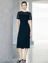 Black Lace Yoke Short Sleeve Waist Ruched Midi Sheath Dress