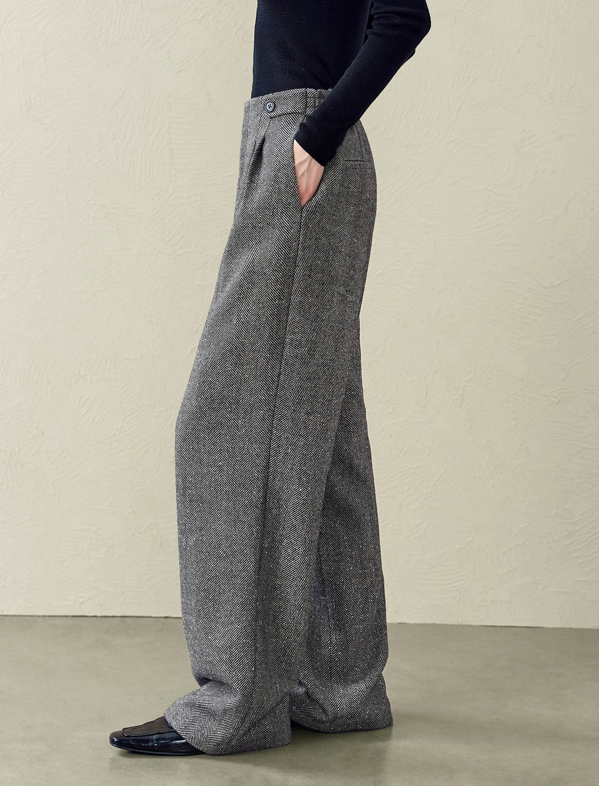 Herringbone Wool-Blend Wide-Leg Pants