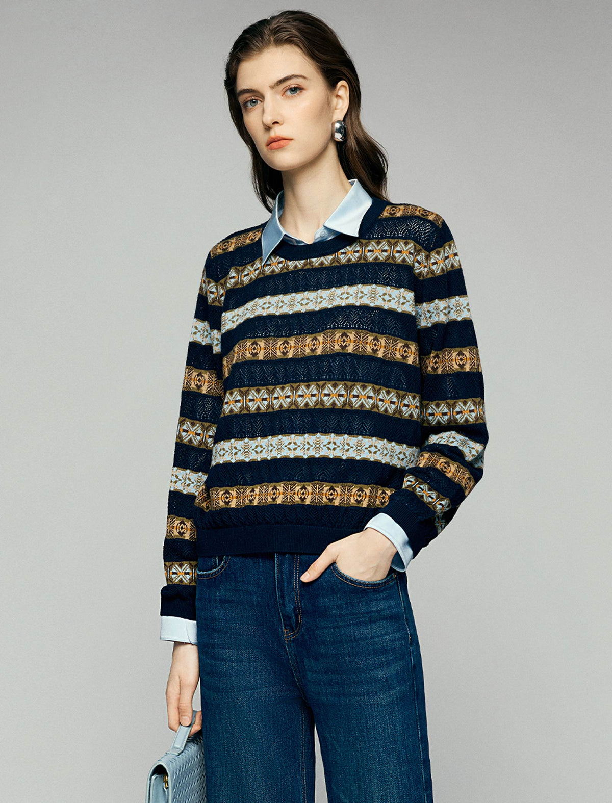 Wool Blend Geometric Stripe Crewneck Sweater