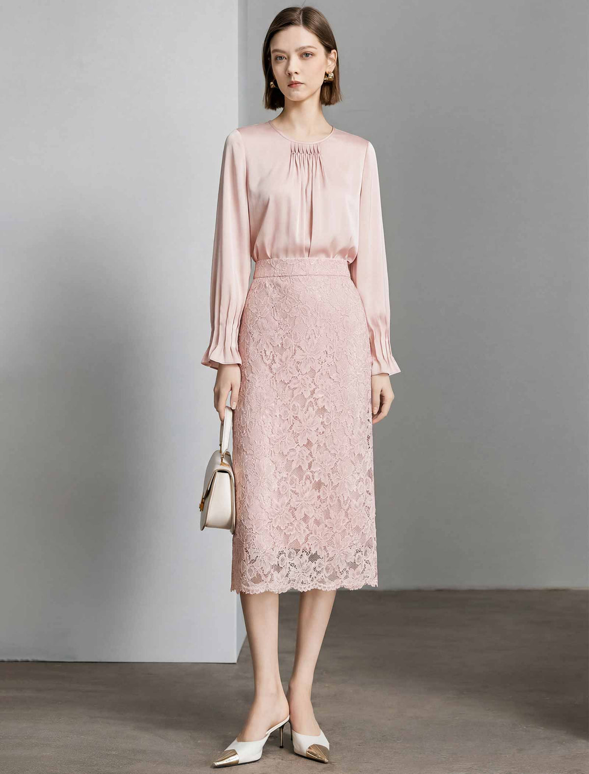 Round‑Neck Pleated Satin‑Finish Blouse