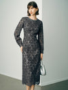 Lace Beaded Neckline Midi Dress