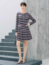 Geometric Plaid Pearl Button Long Sleeve Dress