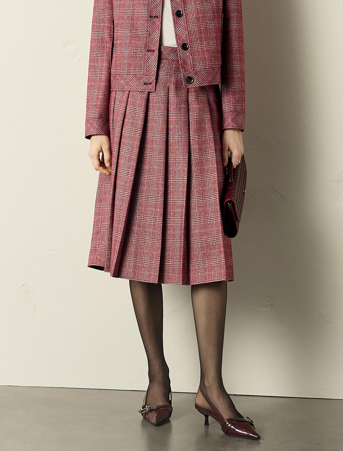 Red Plaid Pleated A-Line Midi Skirt