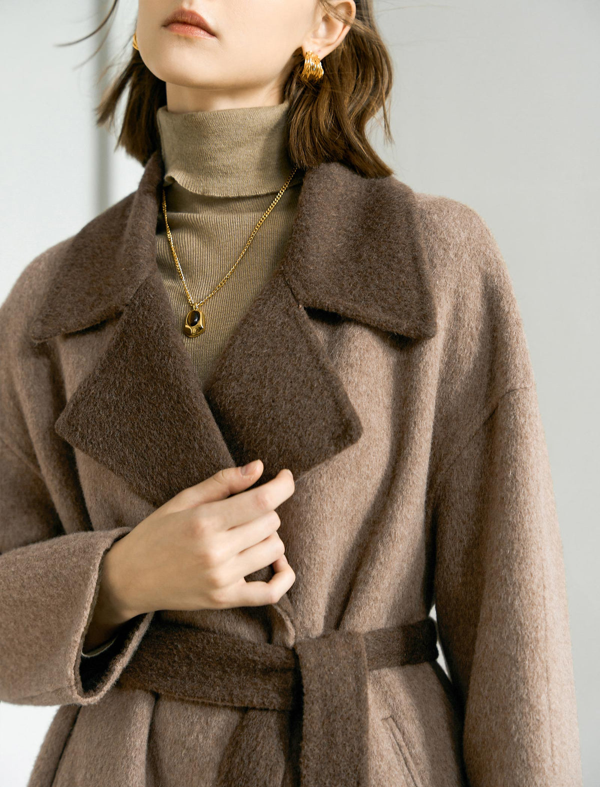 Contrast Lapel Wool-Blend Self-Tie Overcoat