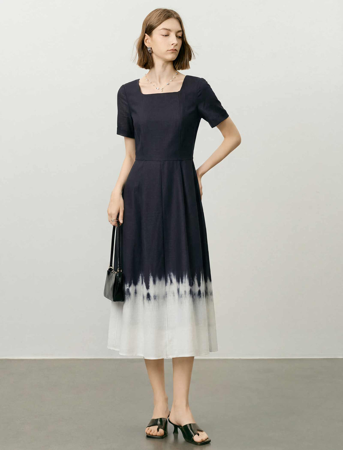 Black And White Ombre Tie-Dye Square Neck Midi Dress