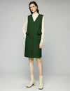 Wool Blend Contrast-Trim V-Neck Pocket Sleeveless Midi Dress