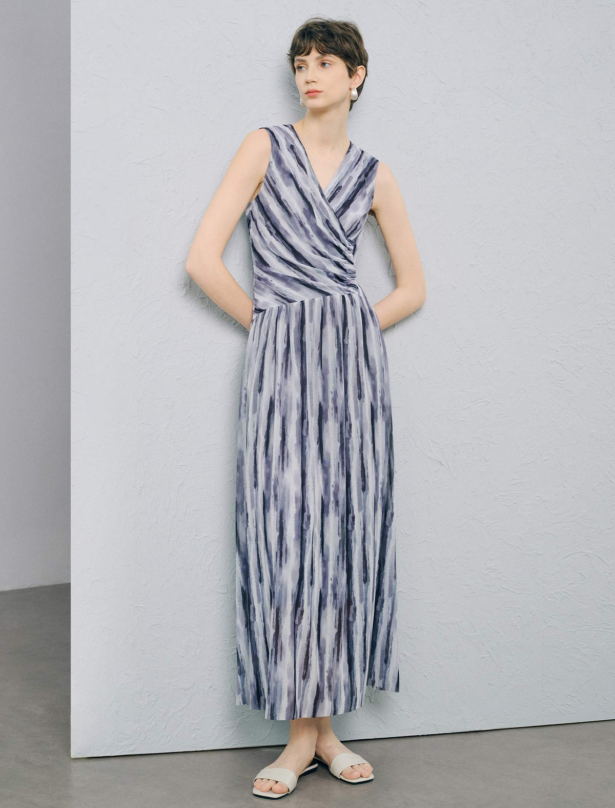 Sleeveless V Neck Watercolor Stripe Wrap Midi Dress