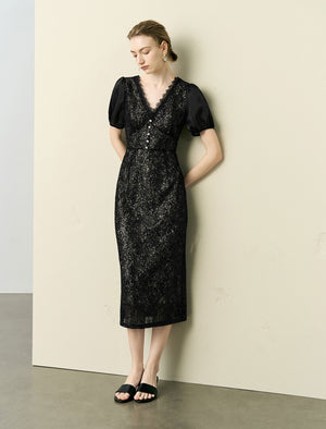Black Lace Puff Sleeve Midi Dress