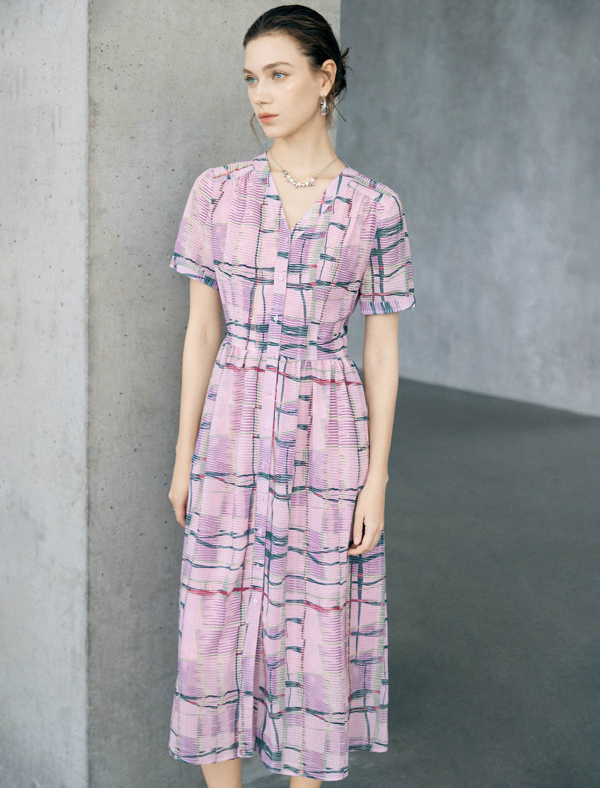 Pink Multi-Color Plaid Short Sleeve Midi Dress
