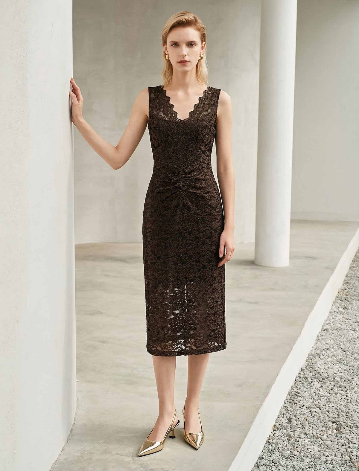 Brown Lace Sleeveless Midi Dress