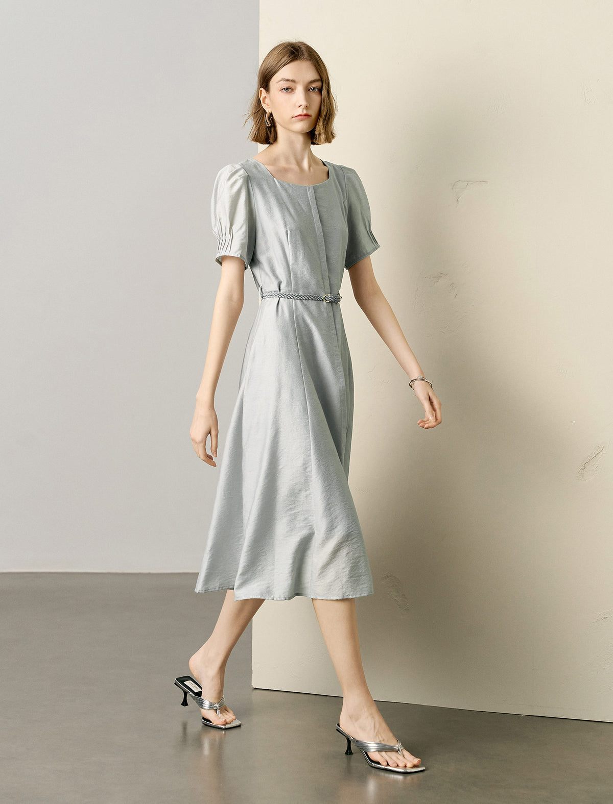 Tencel Square Neck Puff Sleeve Midi Dress