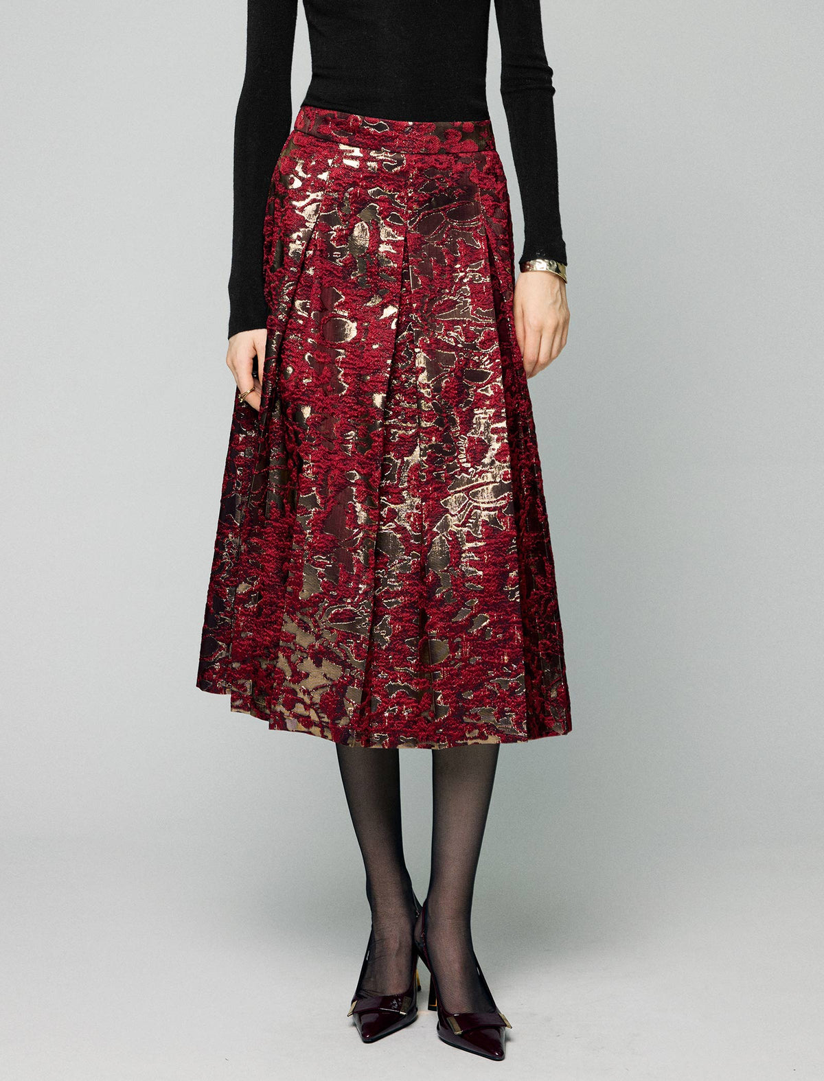 Metallic Floral High-Waist A-Line Midi Skirt
