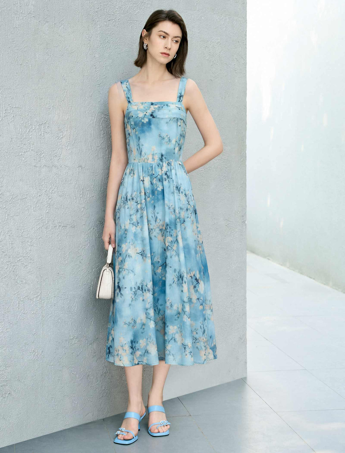 Blue Floral Watercolor Print Midi Sundress