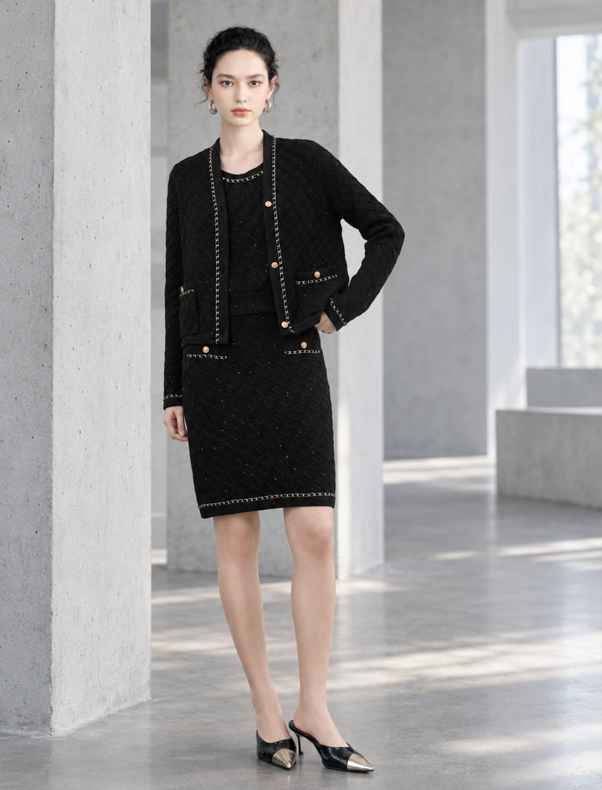 Textured Chain Trim Button Front Cardigan