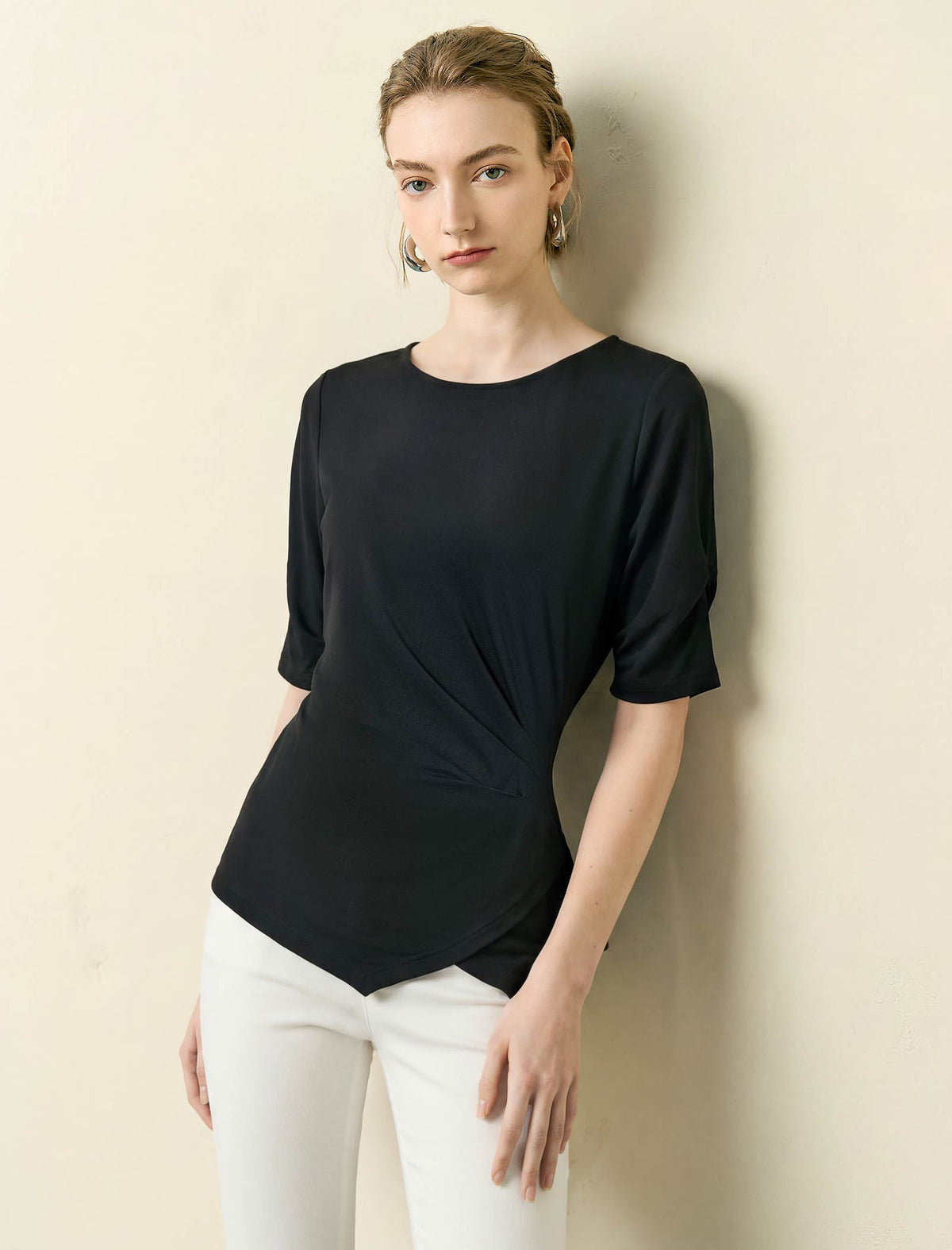 Boat Neck Ruched Sleeve Asymmetrical Top