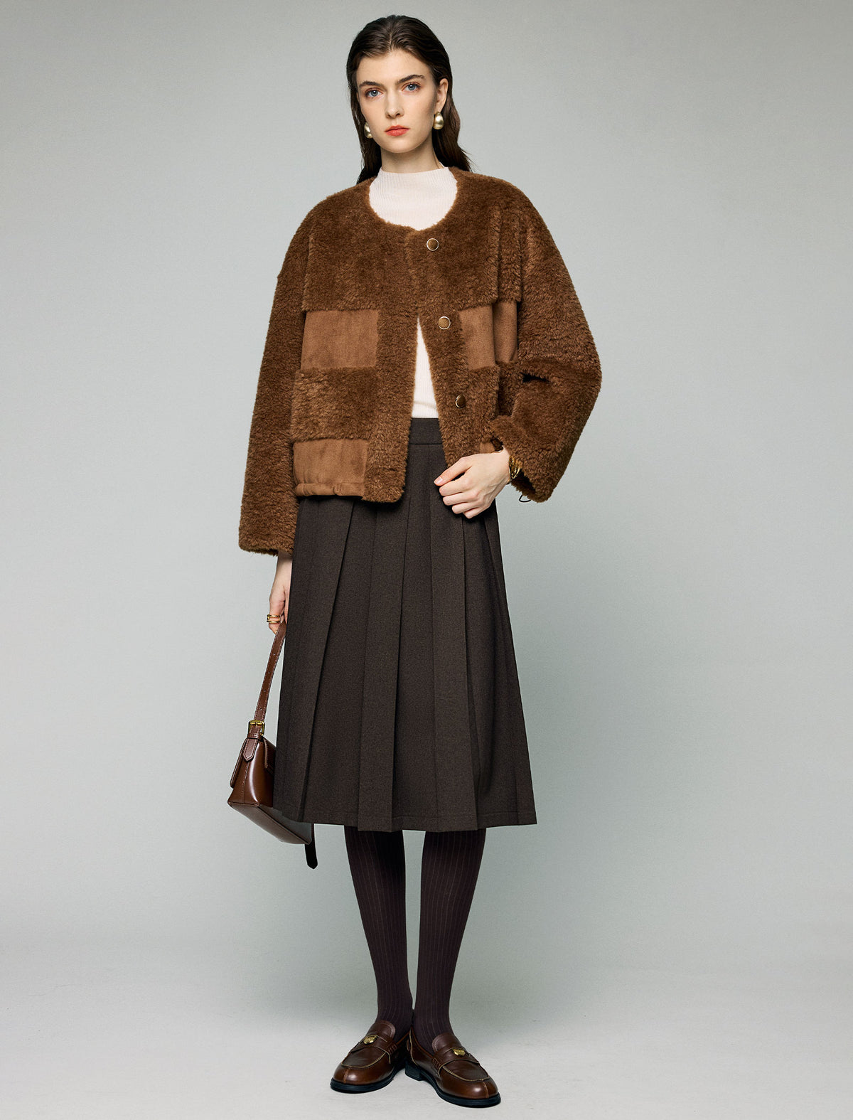 Contrast-Patch Crewneck Button-Front Cropped Jacket