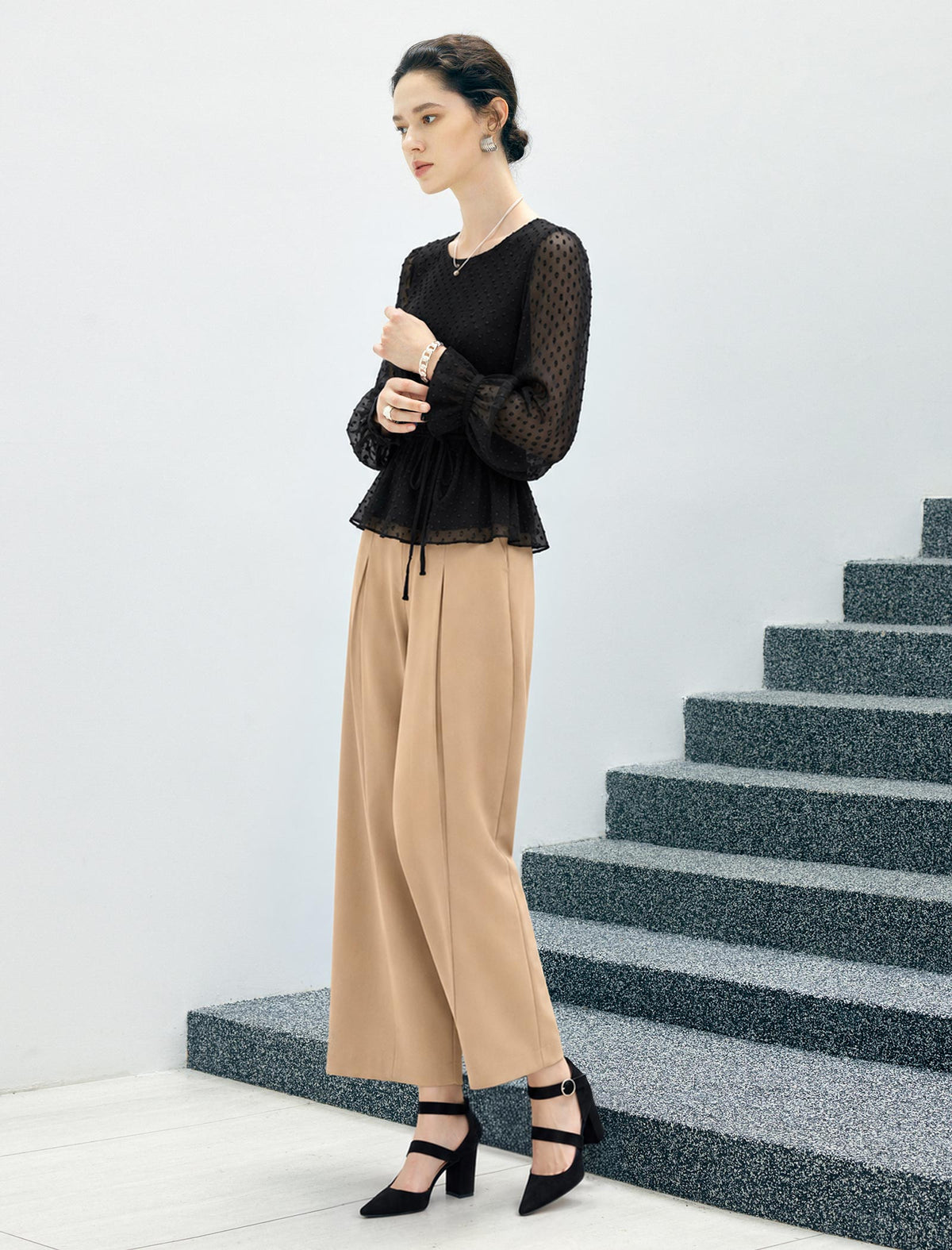 Polka Dot Crewneck Drawstring Cropped Top