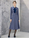 Geometric Plaid Bow Tie Long Sleeve A-Line Dress