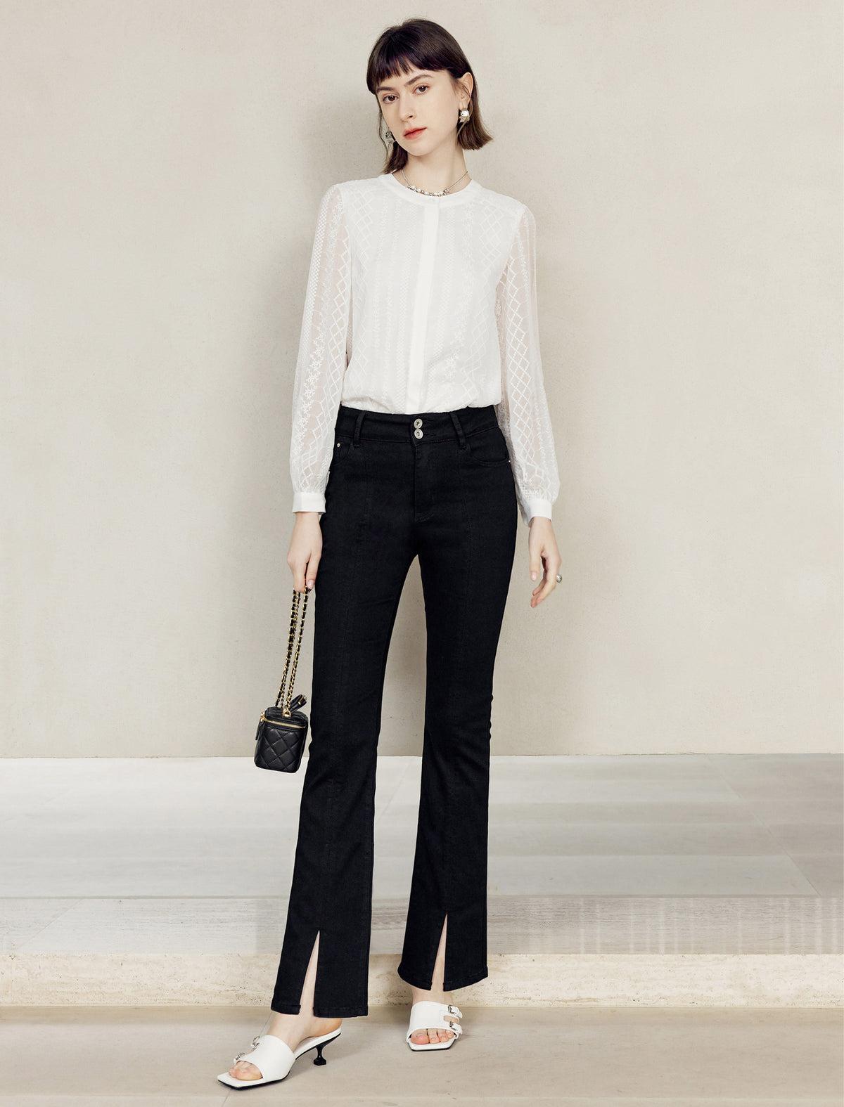 Lace Round Neck Button Front Blouse