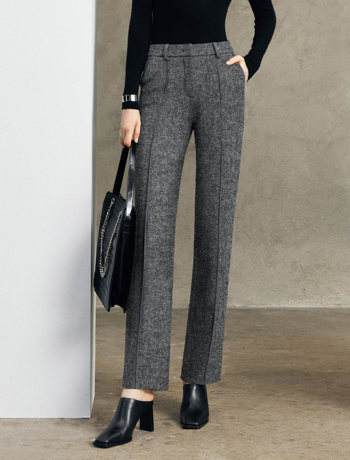 Wool Blend High-Waist Straight-Leg Pants