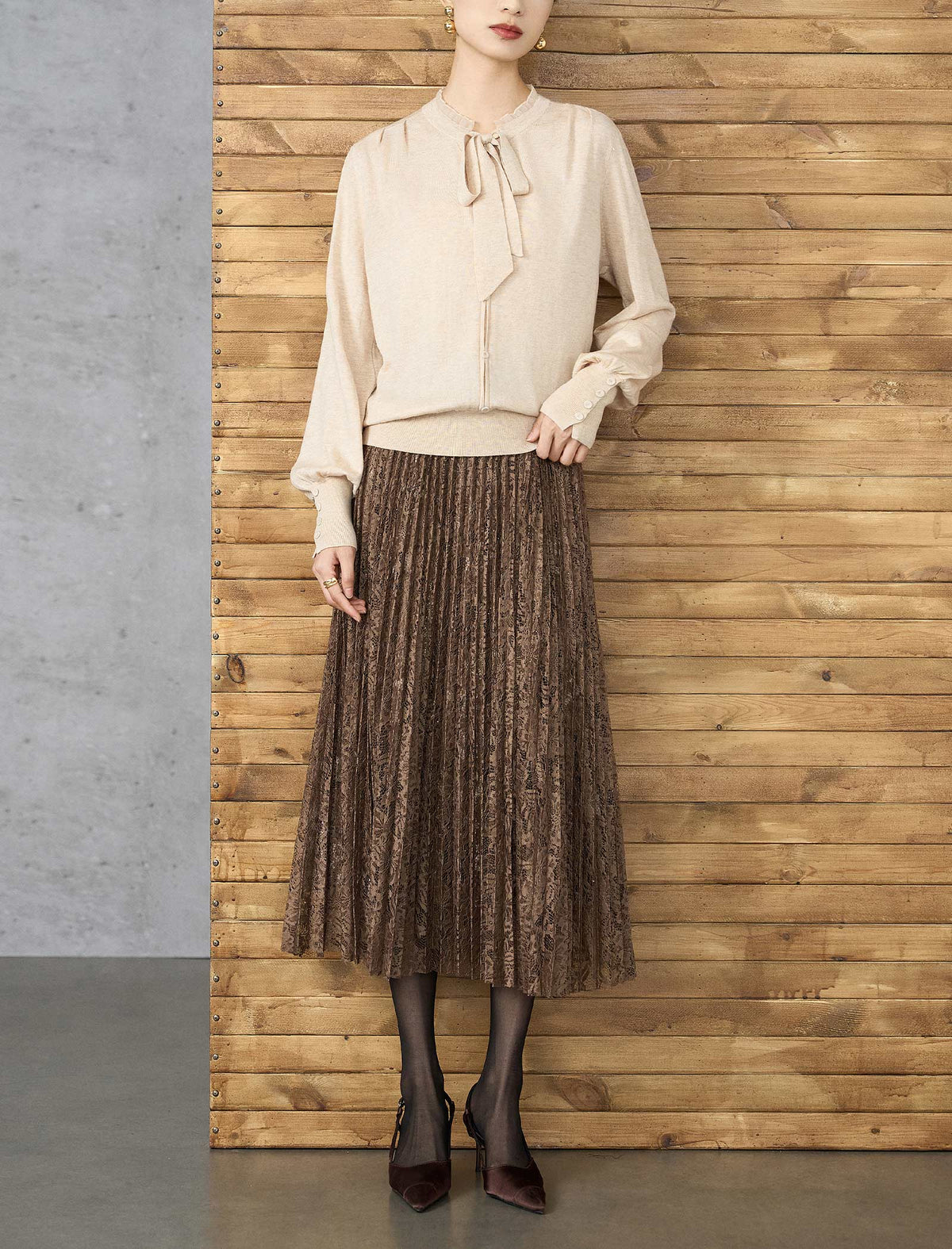 Wool Blend Tie‑Neck Ruffled Trim Lantern Sleeve Knit Top