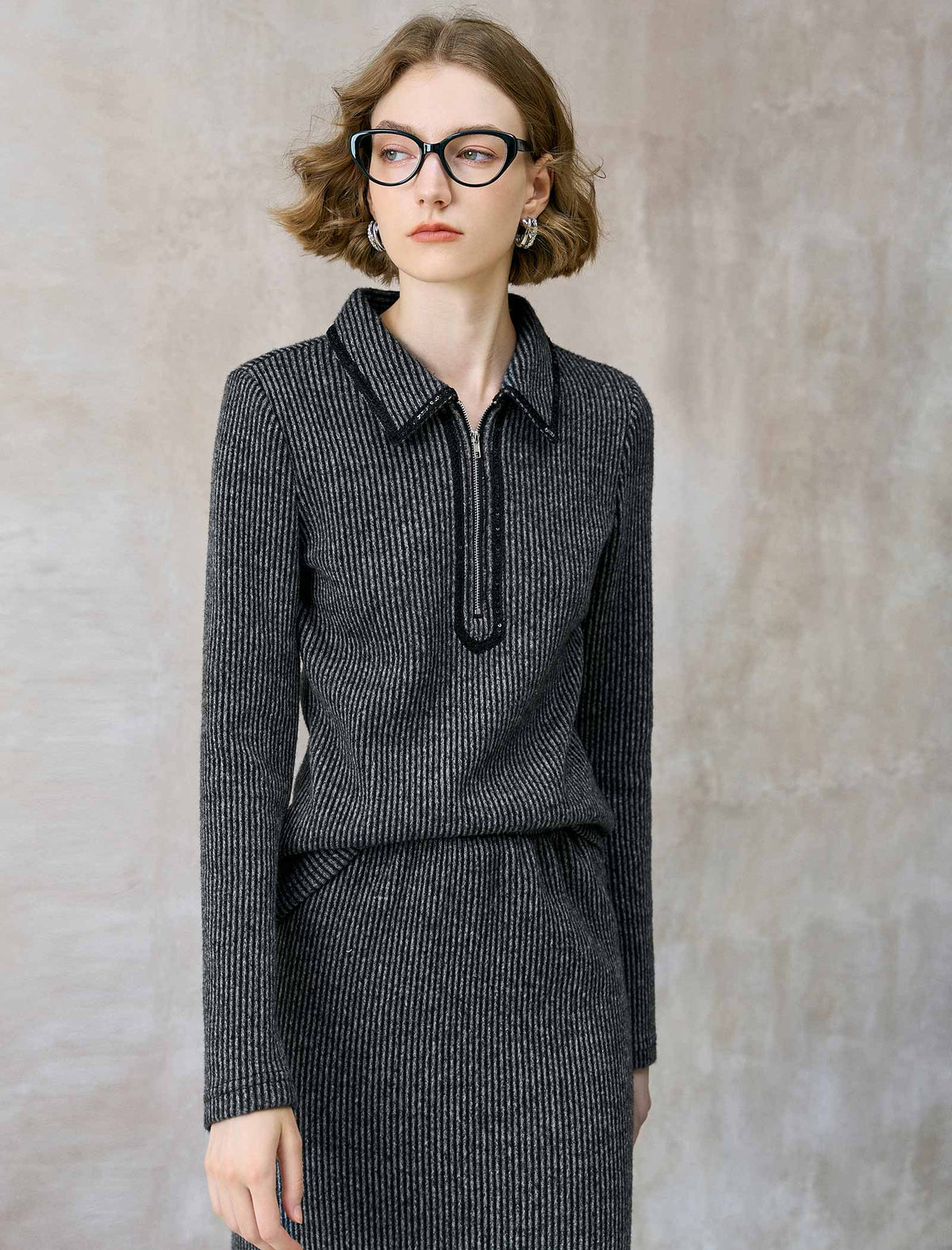 Striped Zip-Up Polo Knit Top