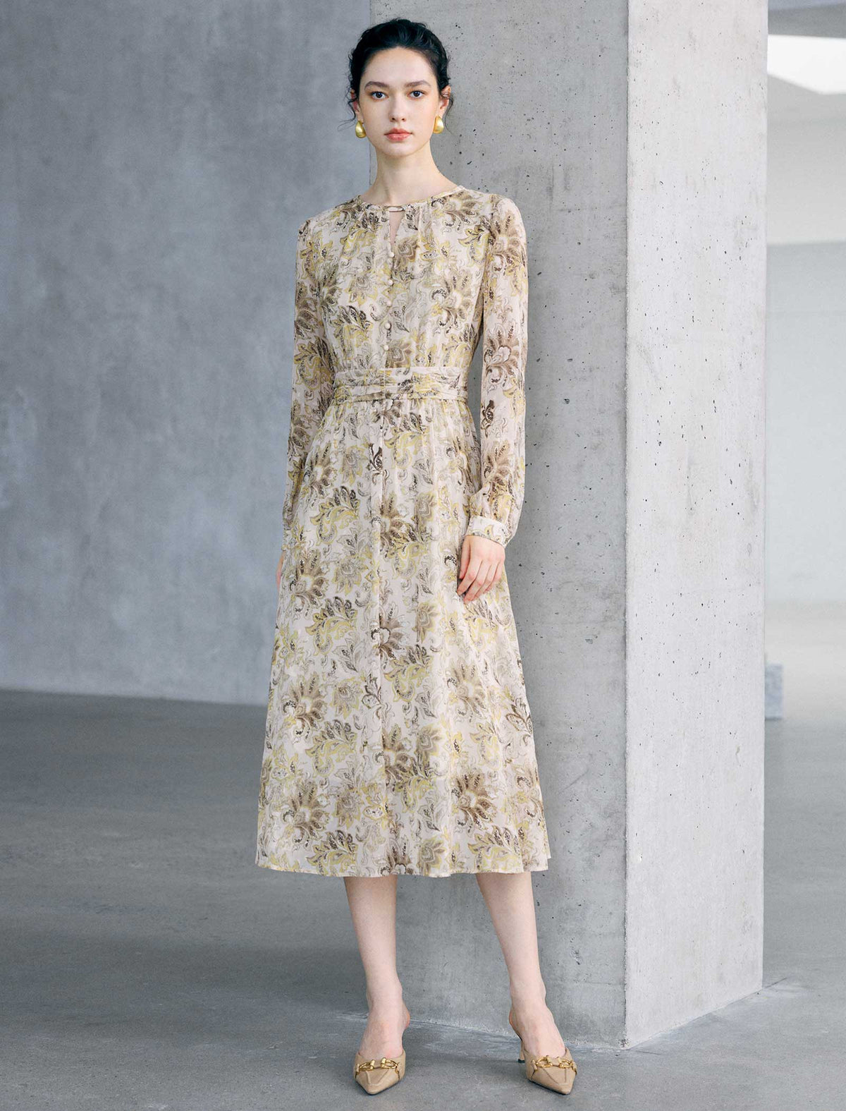 Floral Print Long Sleeve Midi Dress