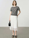White Pleated Lace-Hem Midi Skirt