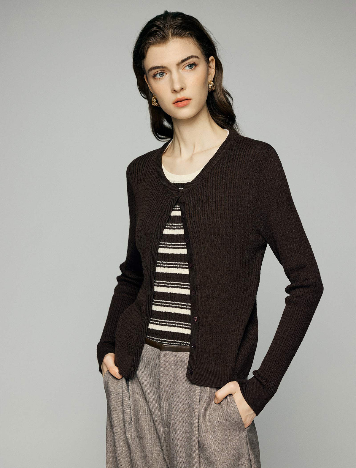 Blend Textured Long Sleeve Button Front Cardigan