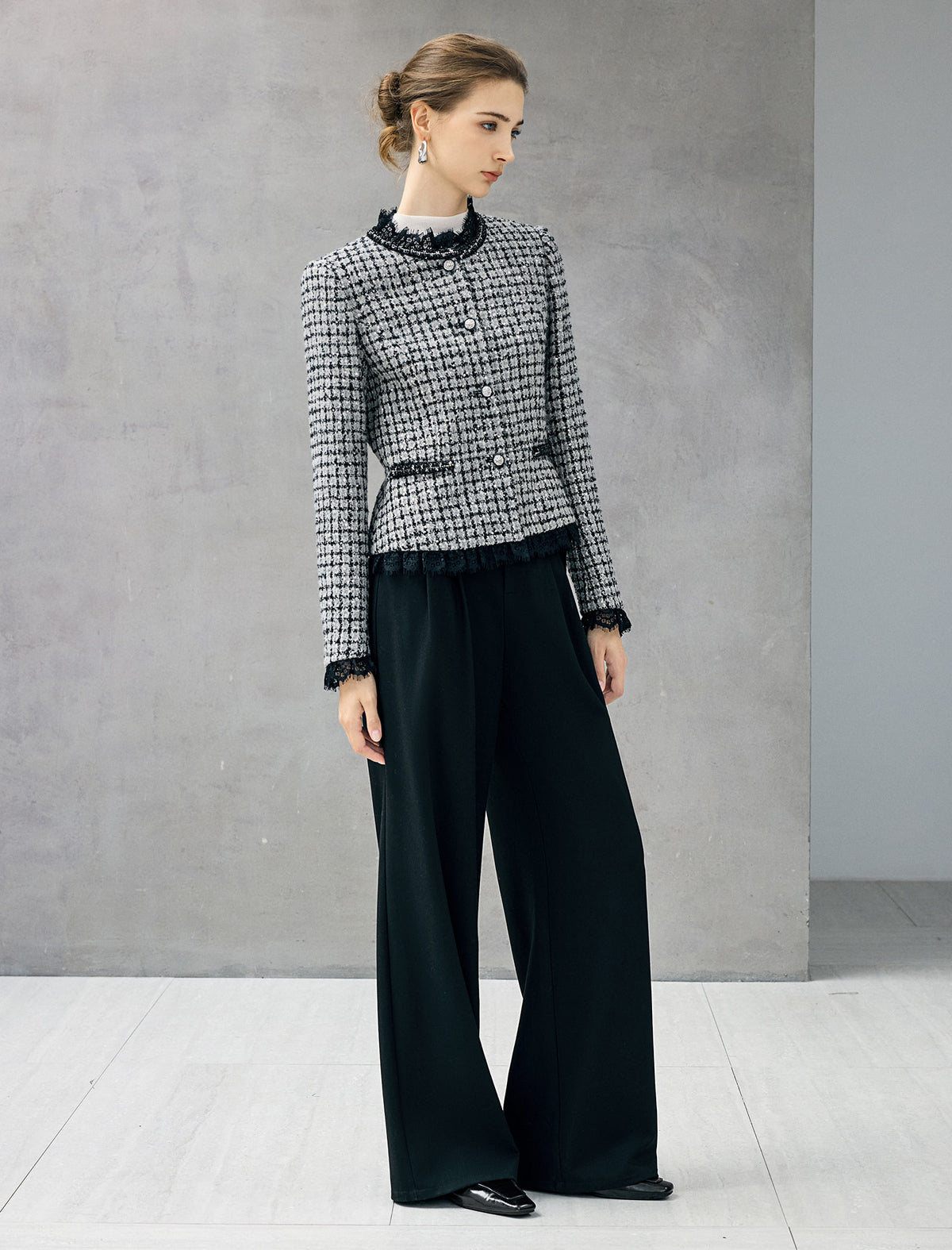 Wool Blend Plaid Crewneck Long Sleeve Jacket