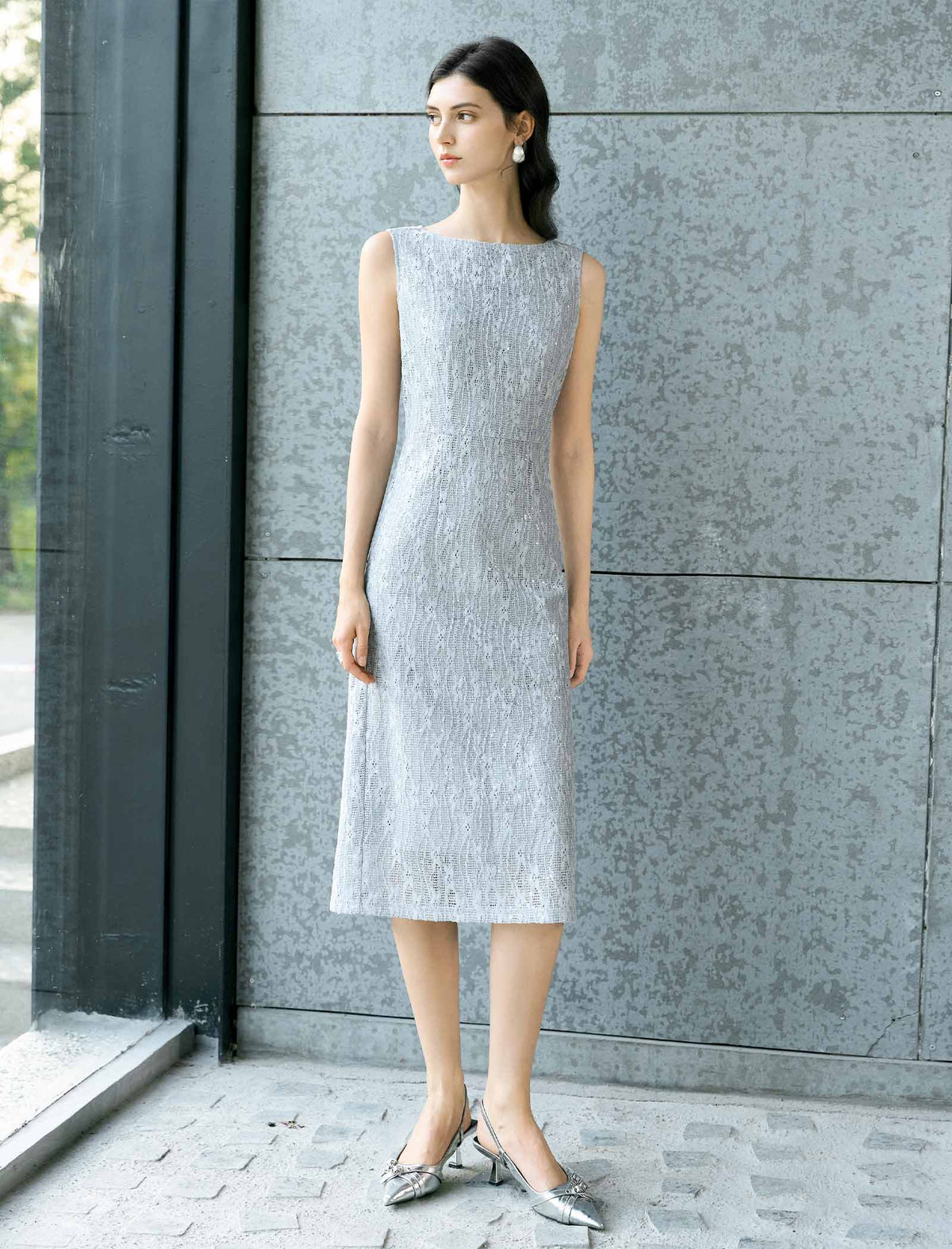 Silver Grey Sequin Jacquard Midi Sheath Dress