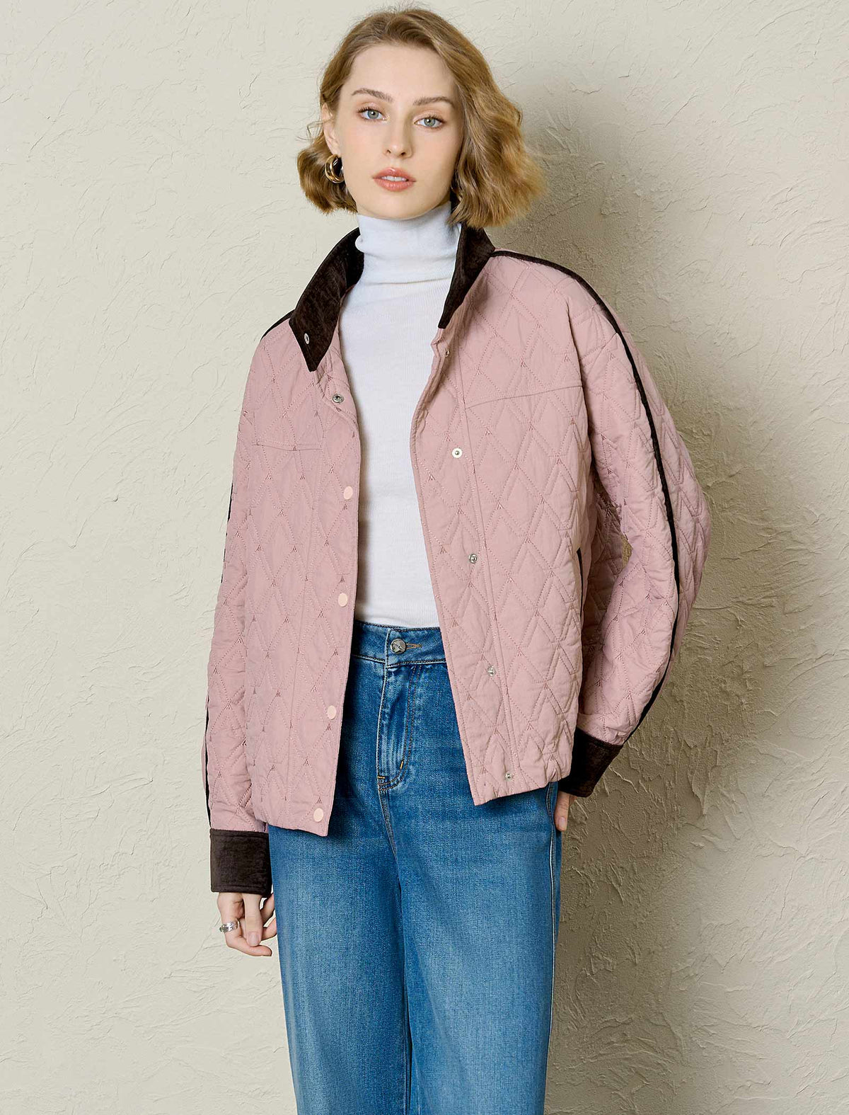Blush Quilted Contrast Trim Bomber Jacket
