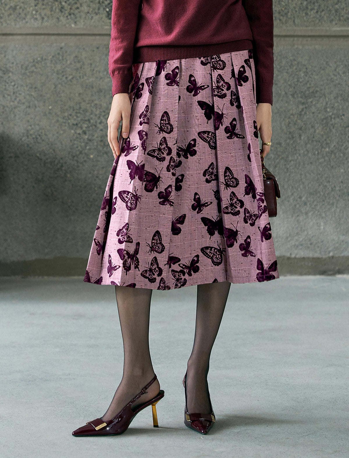 Butterfly Print Pleated Midi Skirt