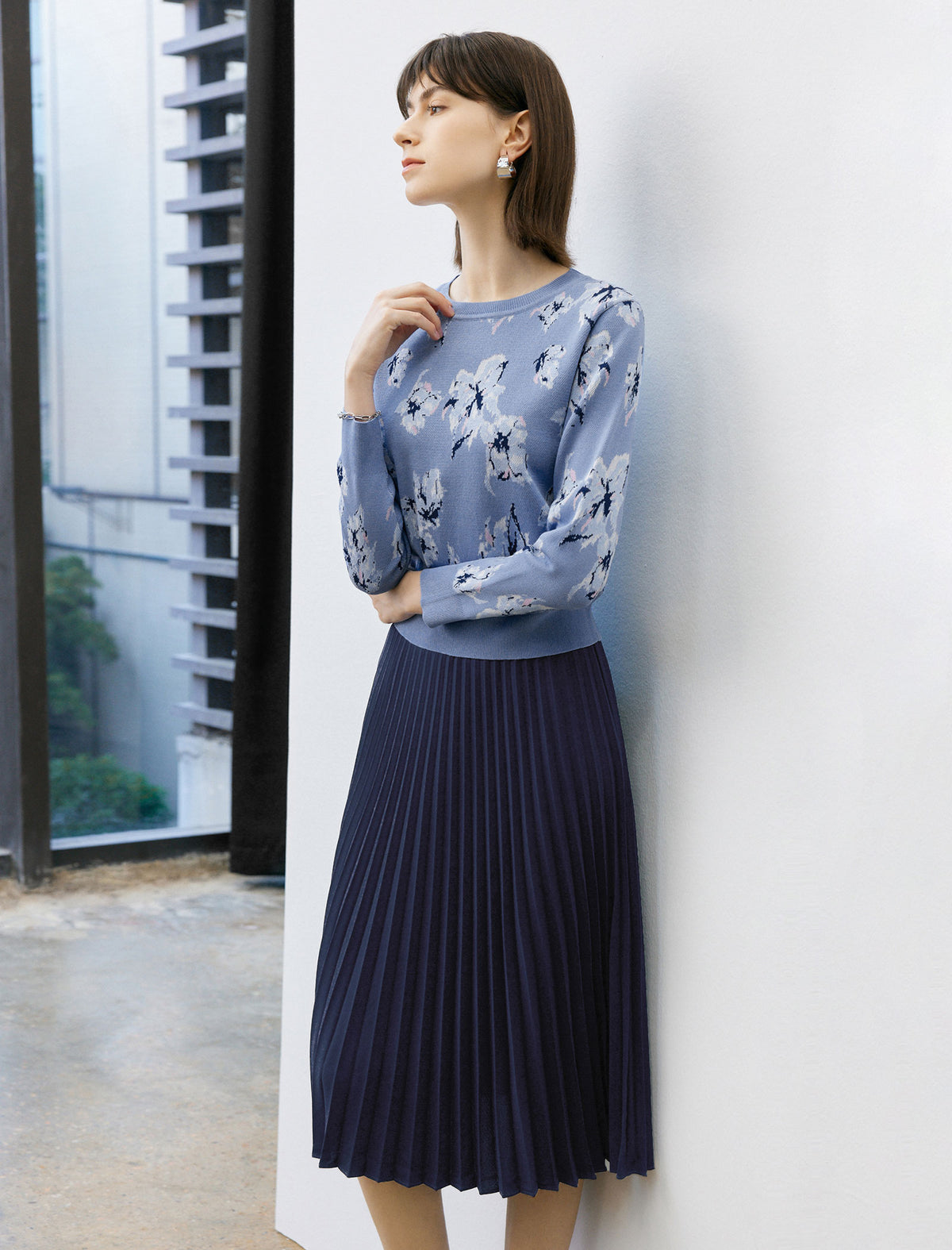 Navy High Waist Pleated Midi Skirt
