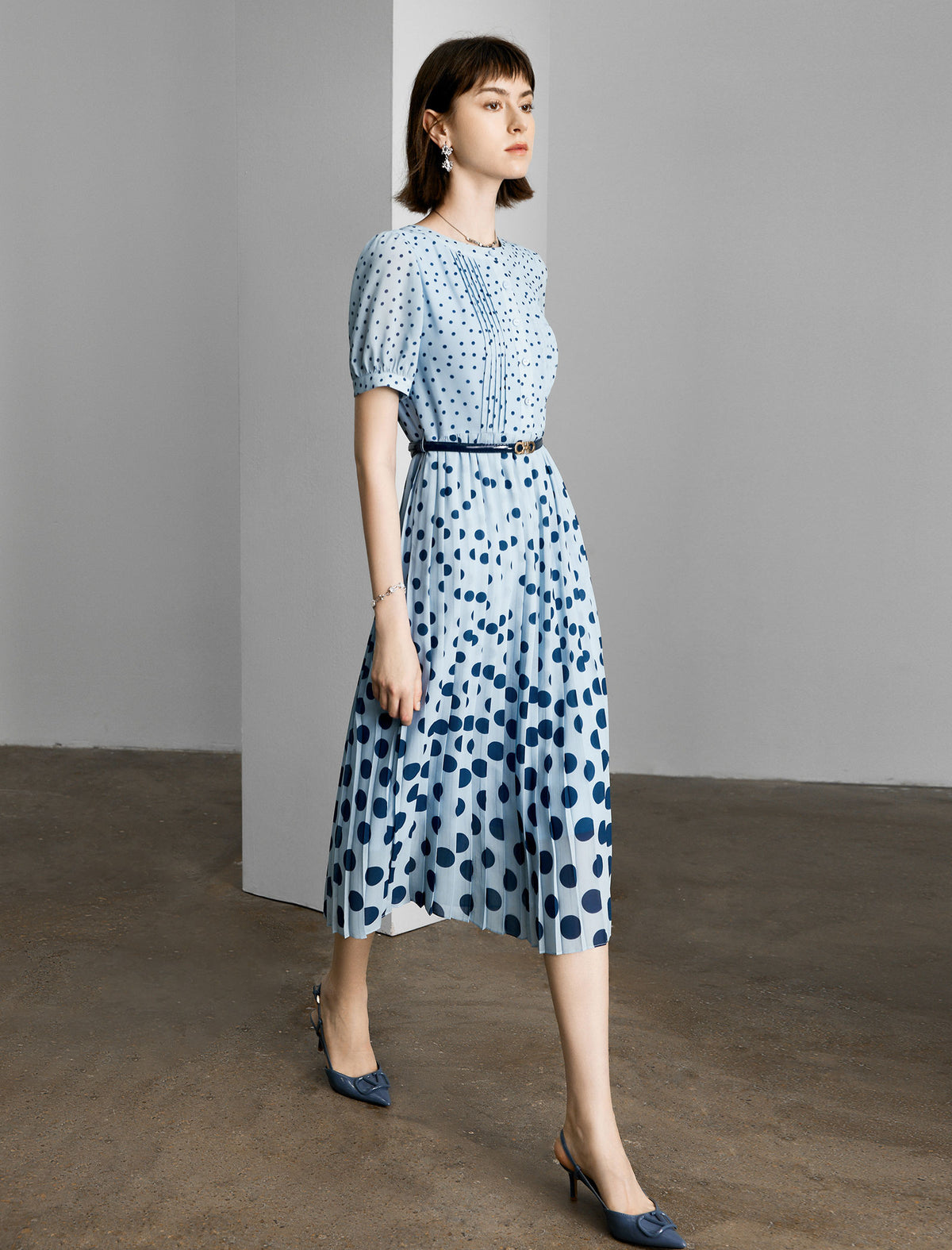 Light Blue Polka Dot Pleated Midi Dress