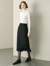 Black Tweed Wool-Blend Ruffle Hem Midi Skirt