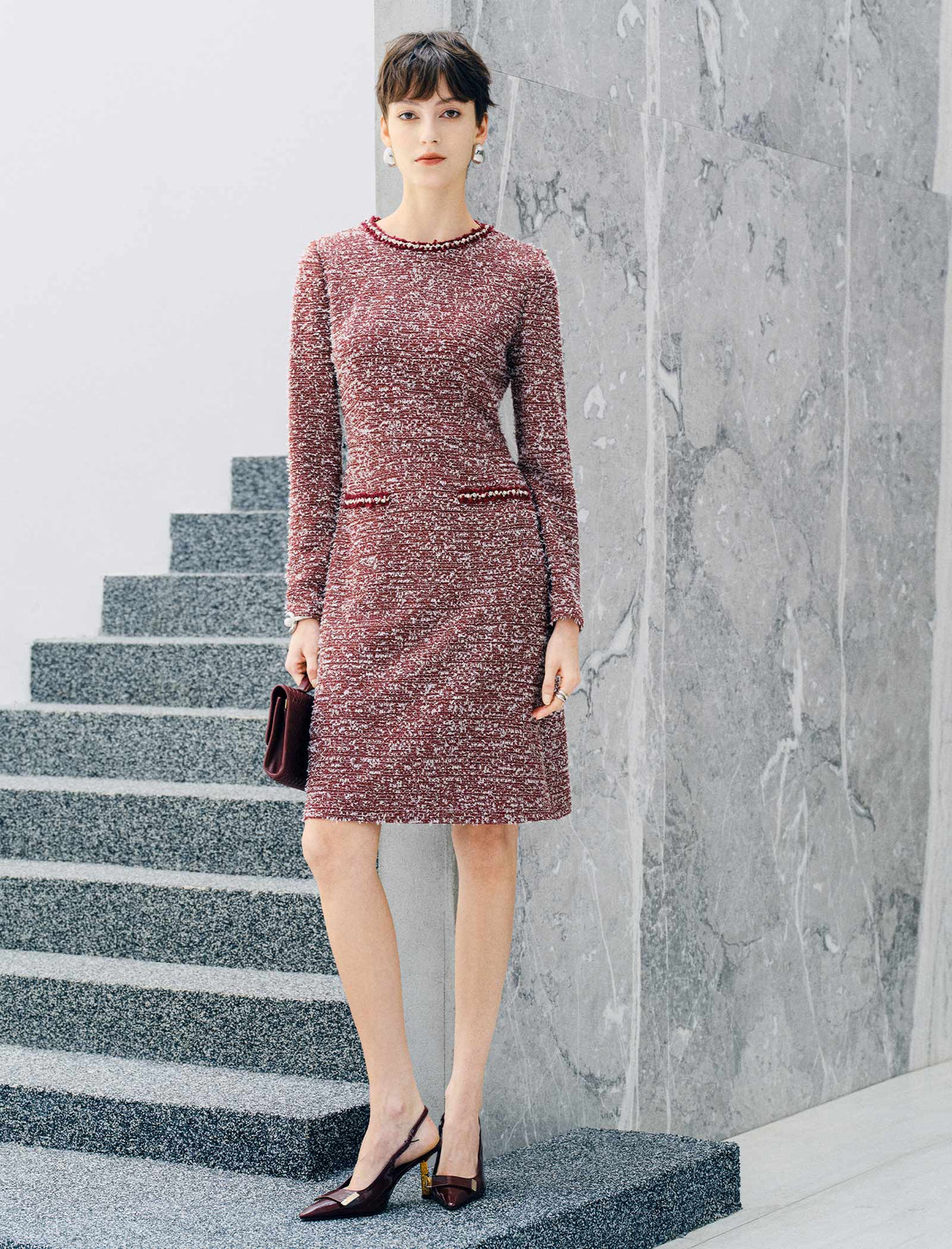 Pearl Trimmed Tweed Style Sheath Dress