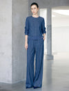 Button Front Denim Look Ruffle Hem Blouse