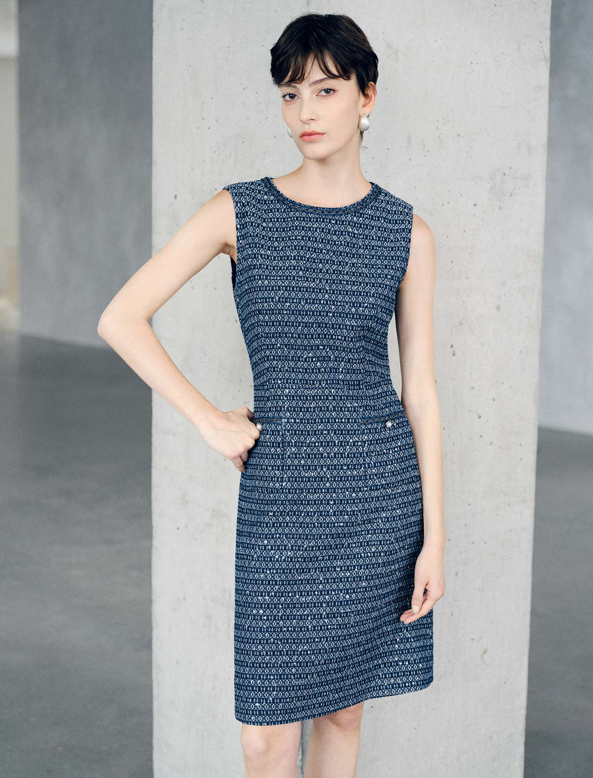 Sleeveless Tweed Midi Sheath Dress